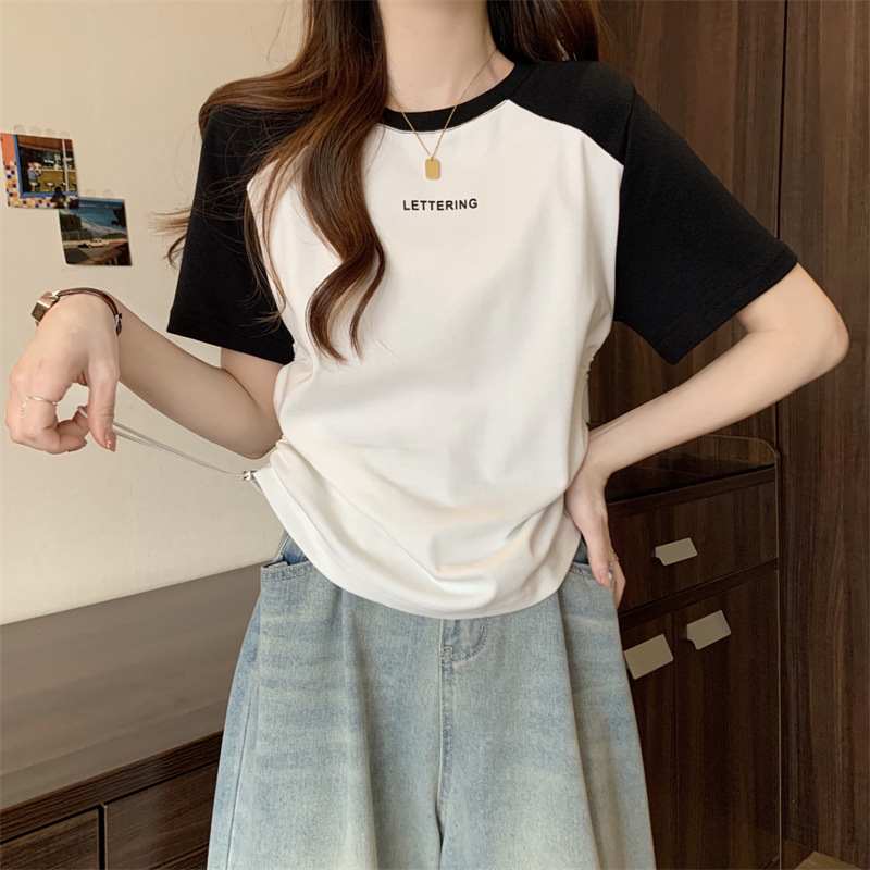短袖T恤女夏季印花字母打底衫大码显瘦休闲正肩撞色抽绳上衣外穿详情12