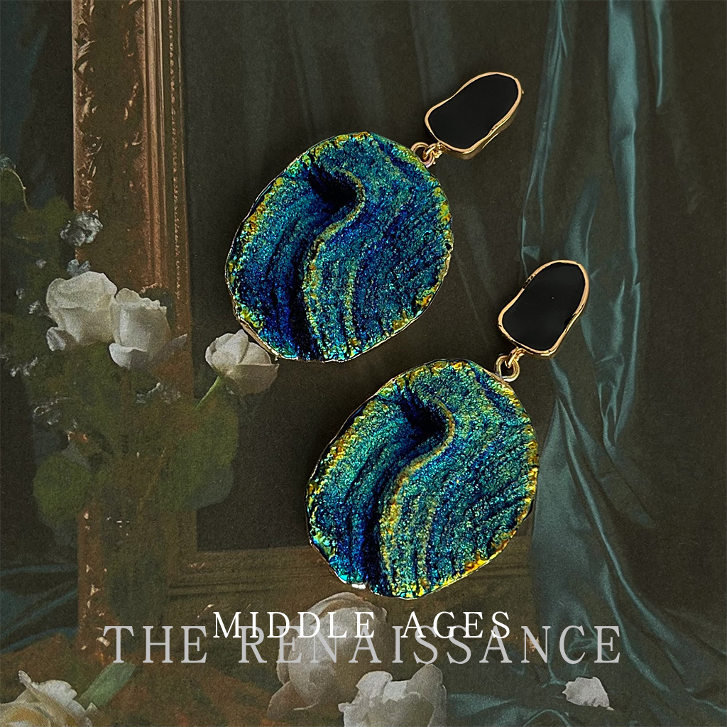 Vintage Light Middle Age [Xisha Islands] Retro blue and gold earrings, high-end vintage exaggerated earrings pic 6