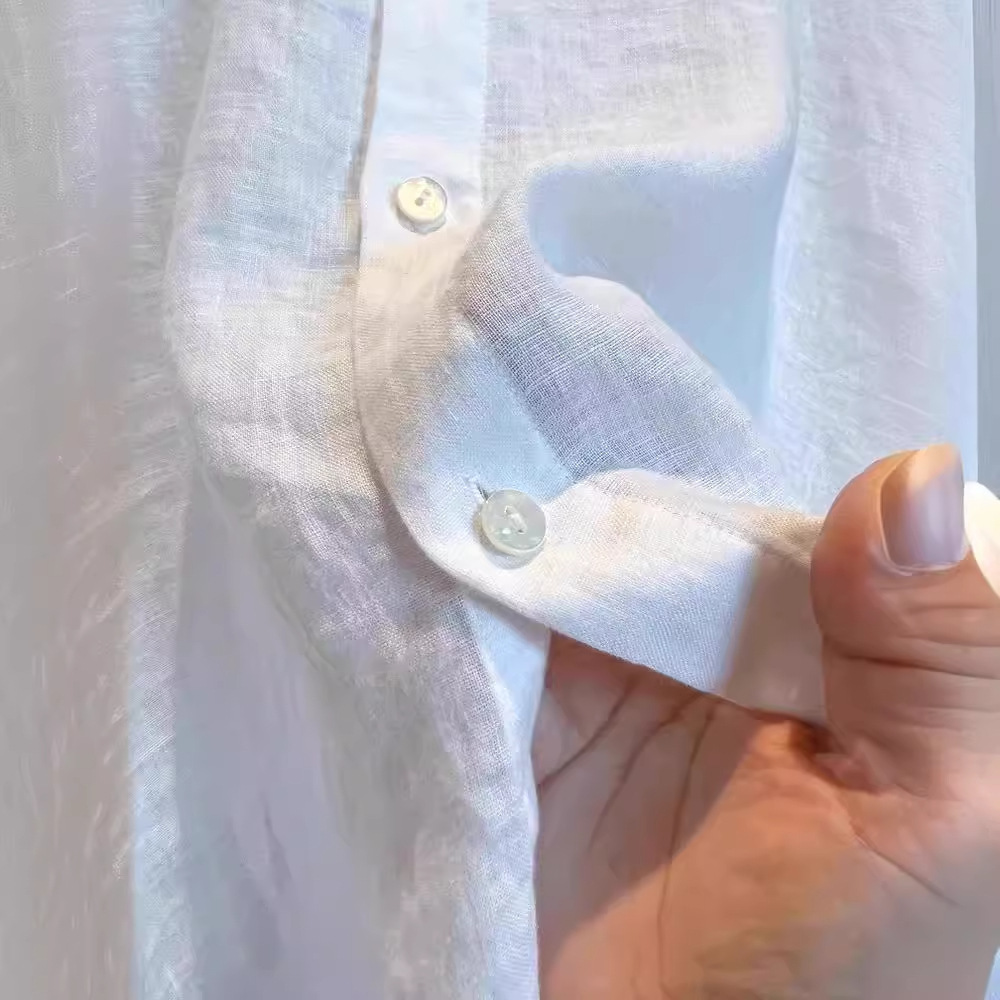 法式白色棉麻防晒衬衫女夏季薄款设计感小众长袖衬衣天丝亚麻上衣详情4
