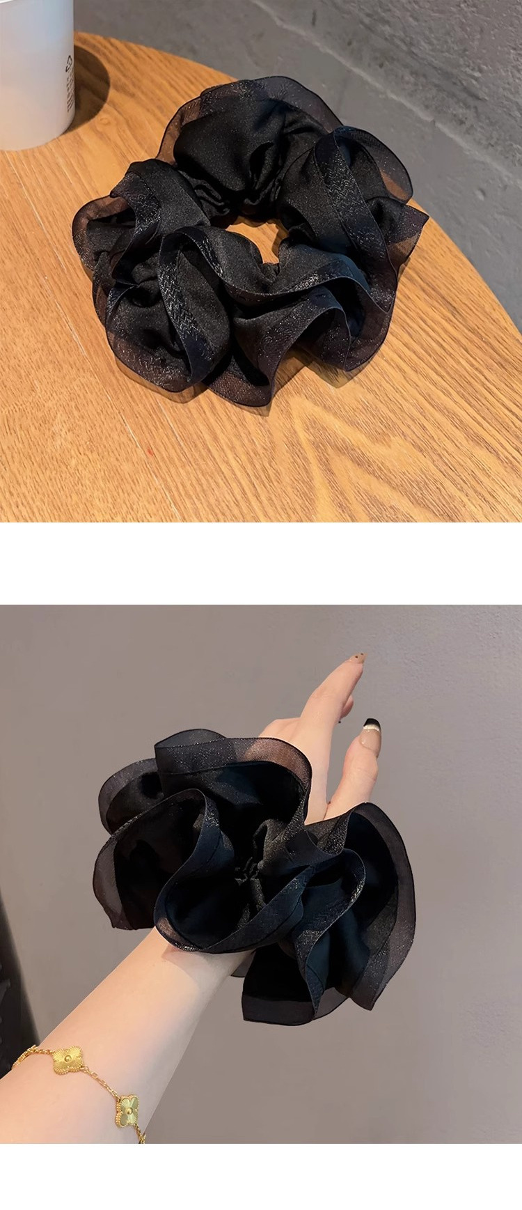 French laid-back style black ear-trimmed large intestine hair band, versatile hair tie, hair flower, black ponytail hair tie, high-end headwear pic 2