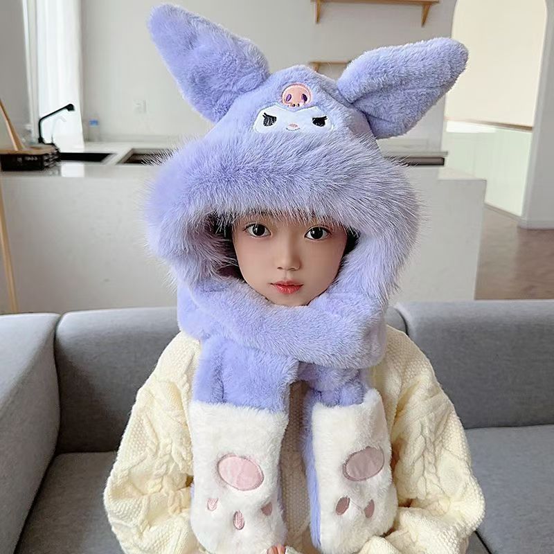 儿童款网红秋冬库洛米围巾帽子手套一体冬季毛绒可爱保暖加厚帽子详情4