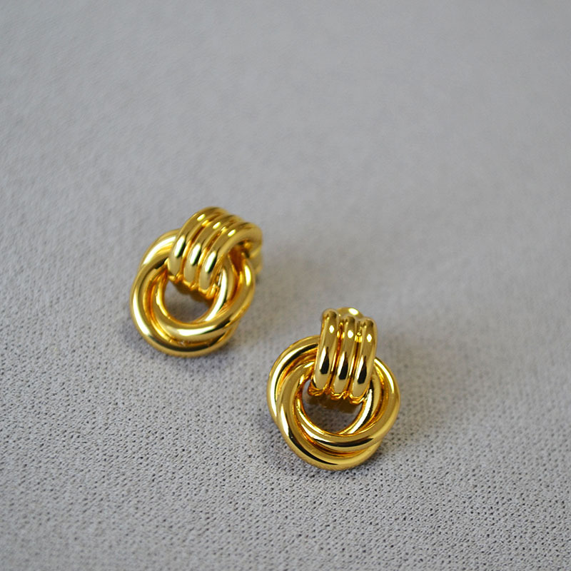 日韩小众设计简约缠绕双环线条黄铜镀金925银针个性气质耳钉耳饰详情3