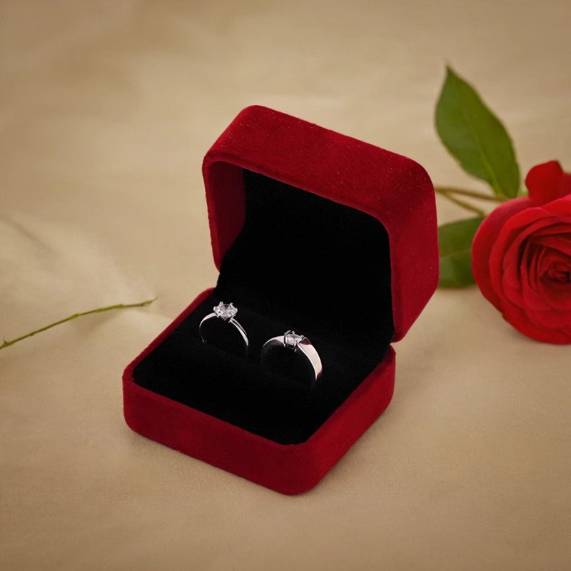 结婚戒指盒酒红色丝绒布对戒盒求婚高档钻戒收纳盒子婚礼道具交换详情4