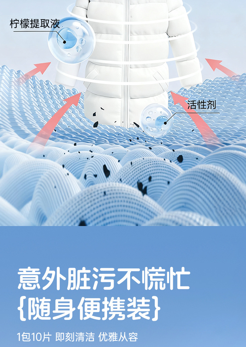 羽绒服湿巾衣物去污渍家用清洁免洗干洗油渍擦拭便携湿纸巾清洁剂详情11