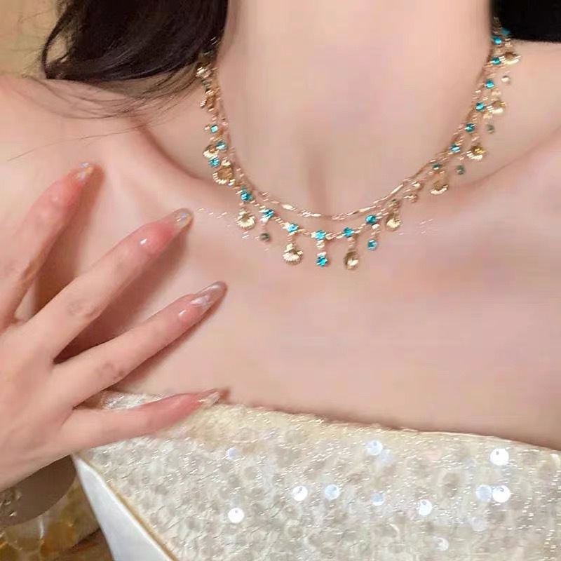 跨境海的女儿~蓝色锆石金色贝壳项链百搭手链设计轻奢吊坠首饰详情2