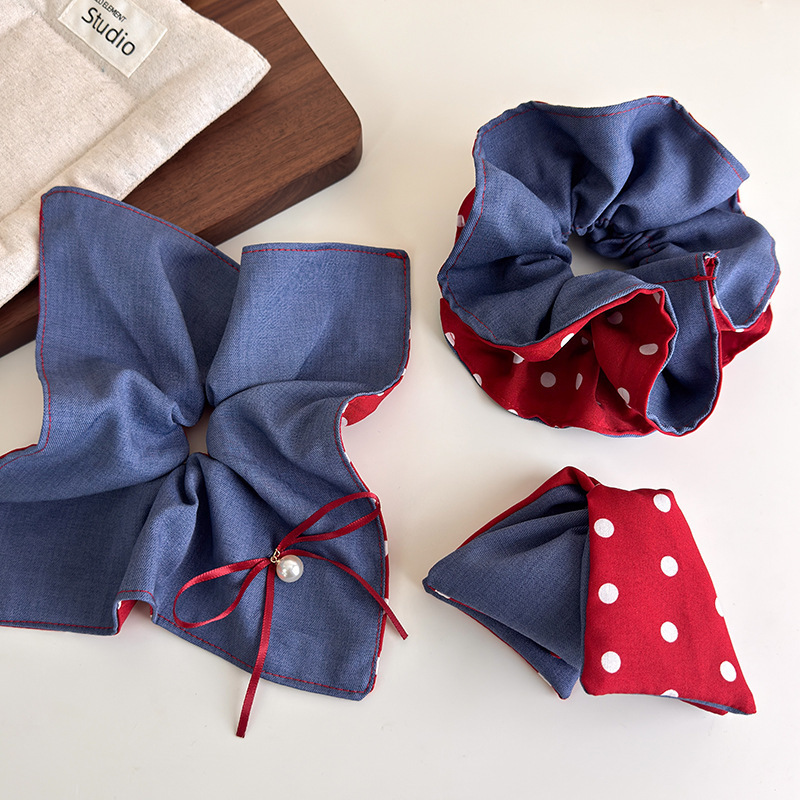 Fairy-tale-like red and blue contrasting hair bands, denim blue and red polka dot double-sided hair accessories, sweet and niche school-style hair accessories pic 6