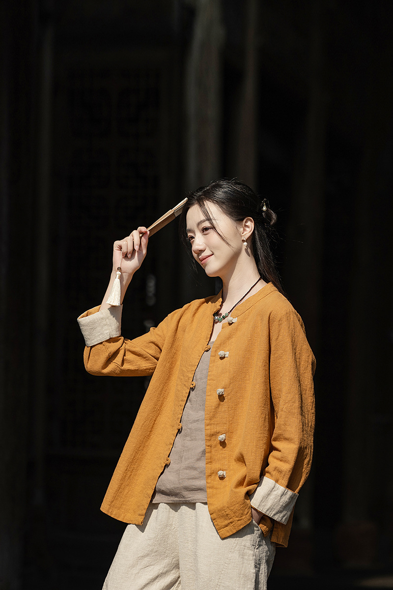 国潮中式棉麻女装拼色盘扣衬衫复古亚麻上衣茶服女禅意中山装国风开衫详情15