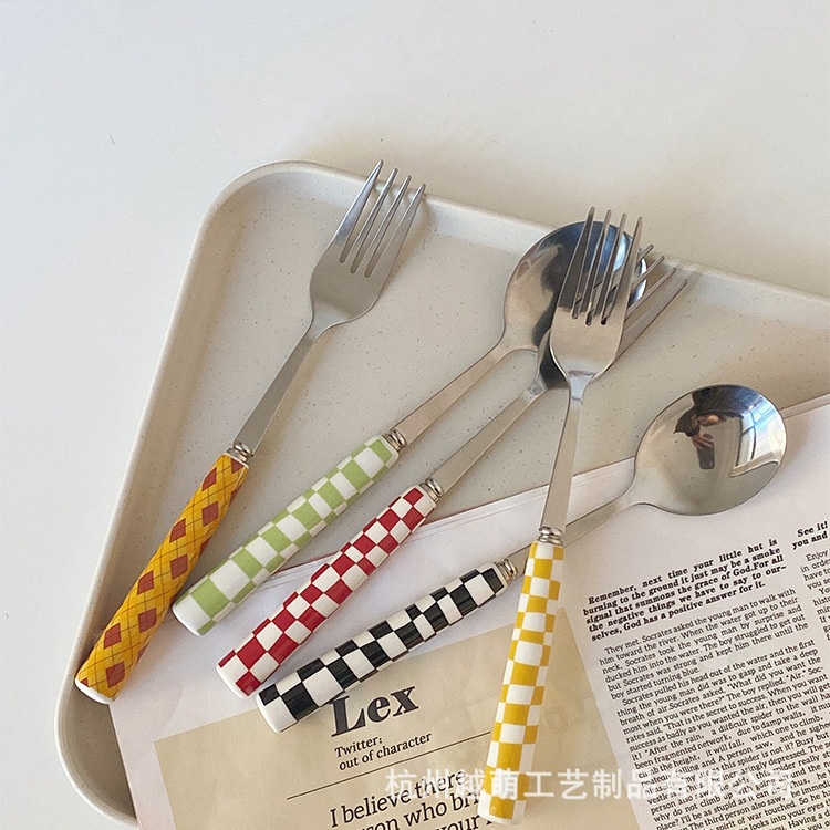 ins风博主同款日韩棋盘格刀叉勺子西餐甜品餐具套装牛排刀不锈钢详情2