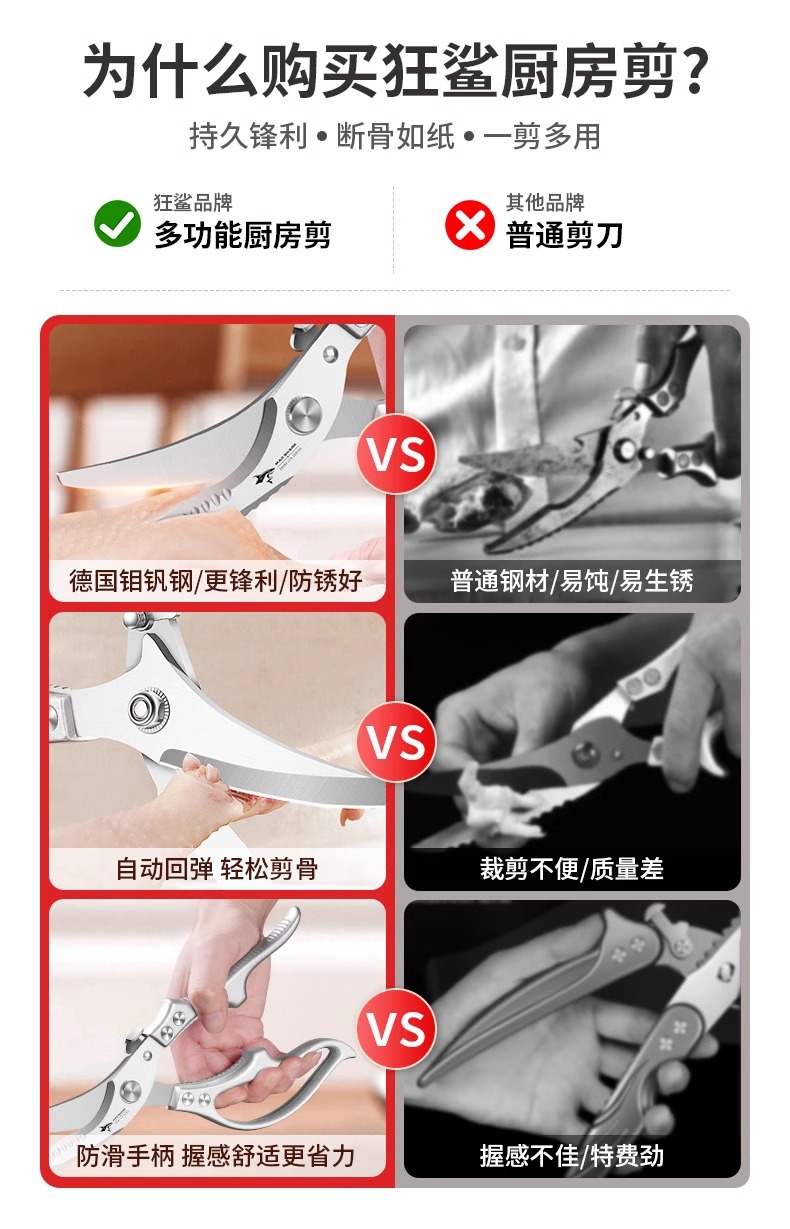 狂鲨德国不锈钢厨房剪刀强力鸡骨剪子高硬度锋利鸡鸭鹅骨头剪详情4
