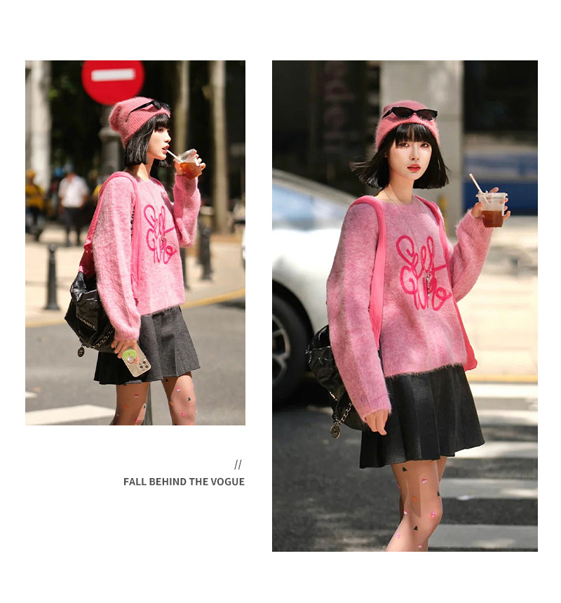 羊毛混纺粉色字母毛衣女2025新款秋冬宽松保暖慵懒针织衫上衣详情9