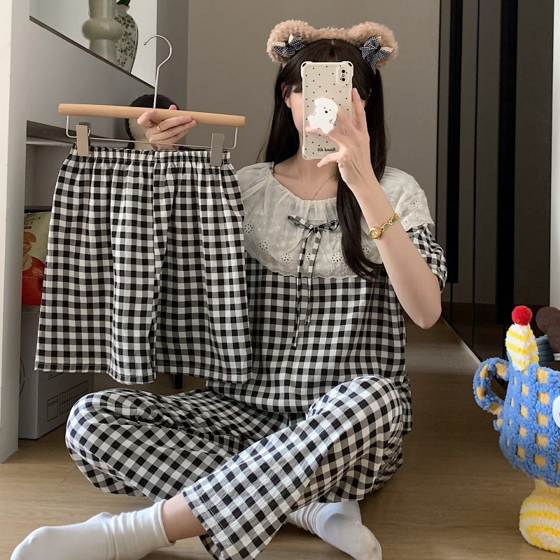 跨境外贸爆款三件套睡衣女短袖短裤长裤甜美大翻领蕾丝花边家居服详情11