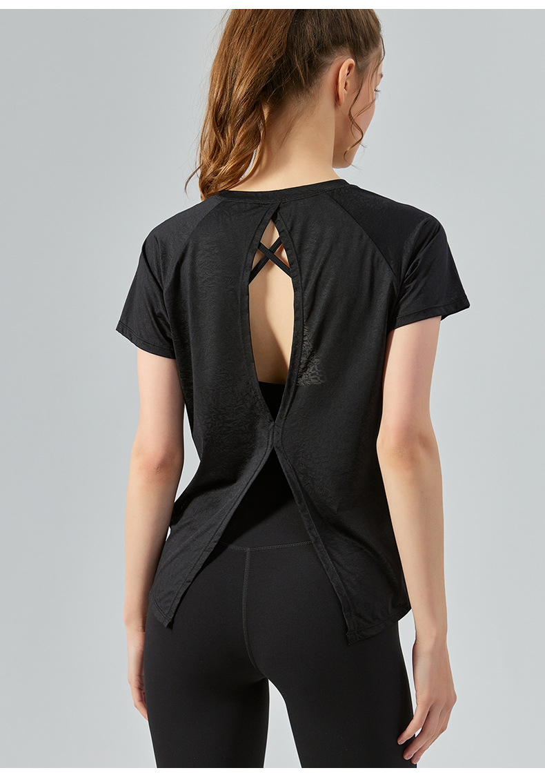 Spring and summer jacquard slit cutout yoga smock for women, light and quick-drying short-sleeved T-shirt, loose and breathable yoga wear top pic 30