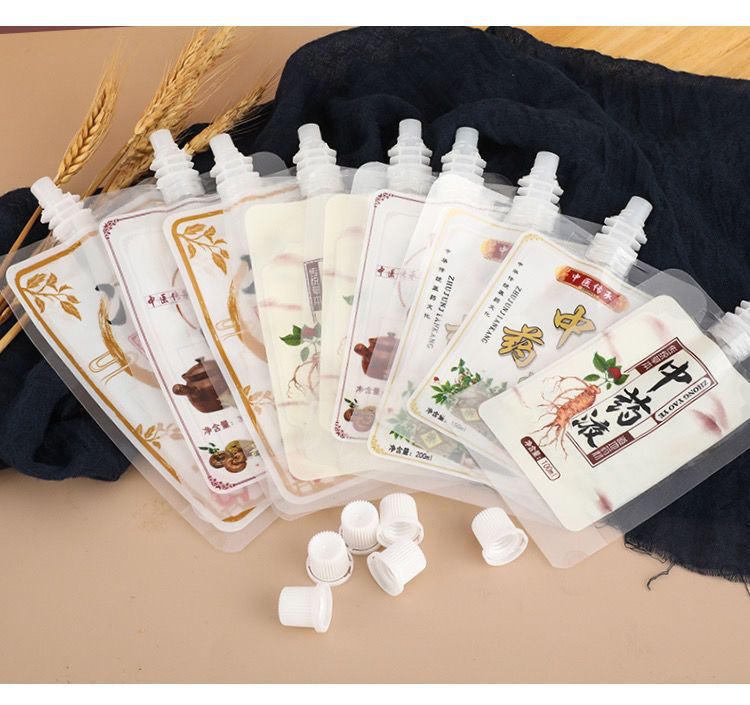 The self-standing spout bag for traditional Chinese medicine liquid in pharmacies can be refrigerated, heat-resistant and thickened. It is a disposable liquid bag for herbal tea shops pic 12