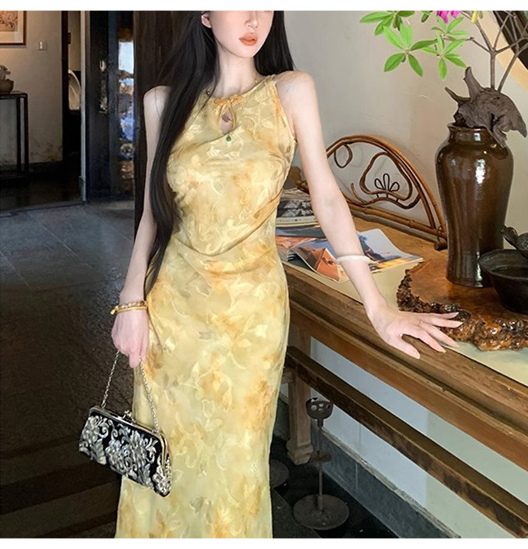 【 Spring Knowledge and Tangxin 】 New Chinese-style traditional Chinese cut-and-shoulder modified cheongsam mid-length dress, elegant printed long dress pic 11