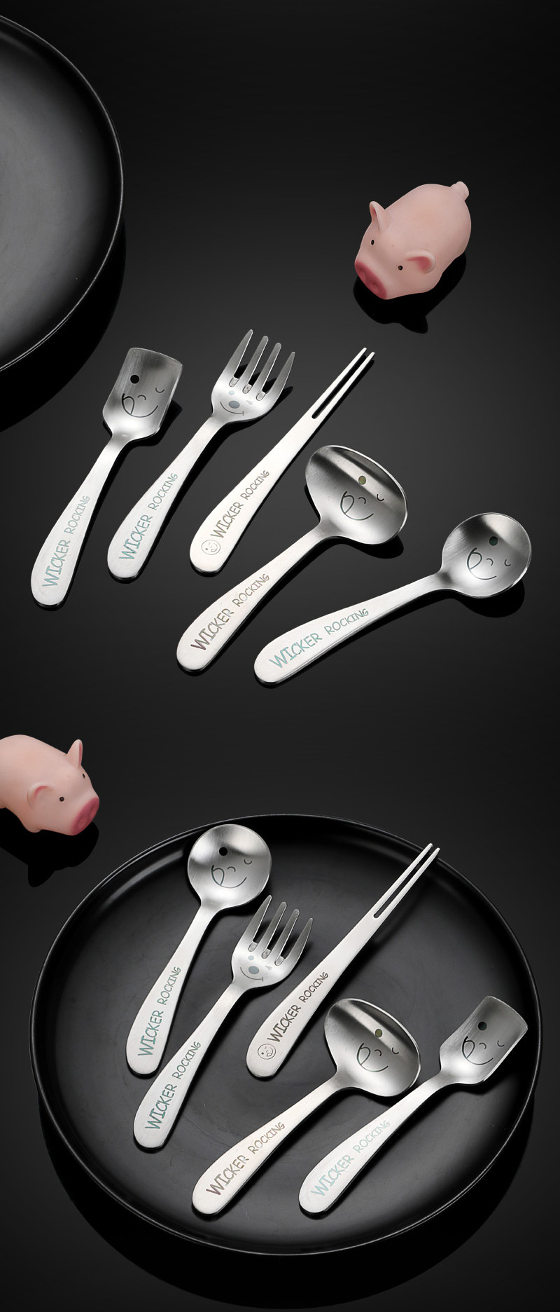 勺子可爱创意笑脸刀叉西餐304不锈钢扁平斜柄韩式筷叉子学生餐具详情13