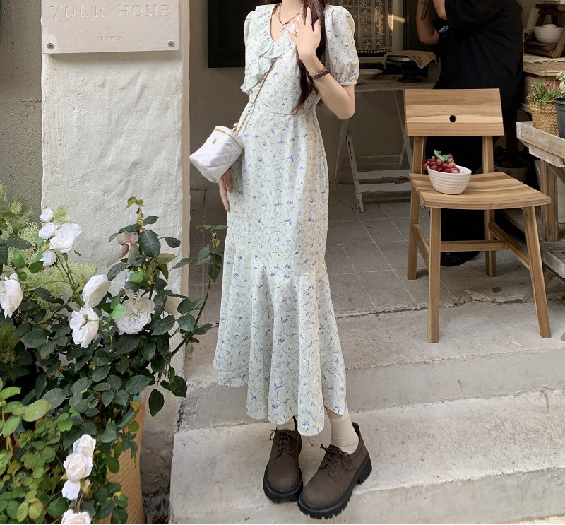 短袖碎花连衣裙中长款鱼尾裙新款初恋气质时尚温柔风裙子详情4