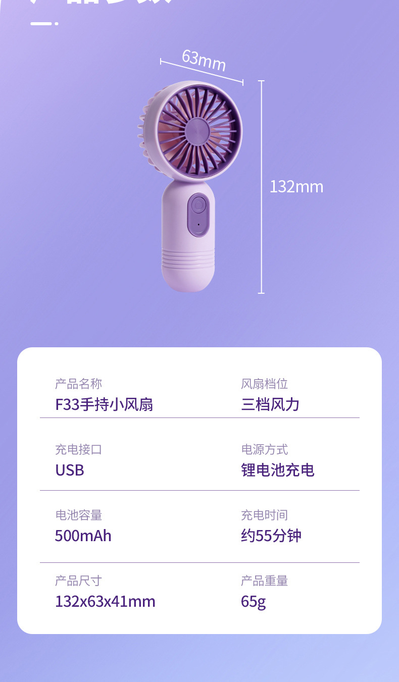 F33手持小风扇USB充电扇3档大风迷你私模工厂跨境爆款电商代发详情15