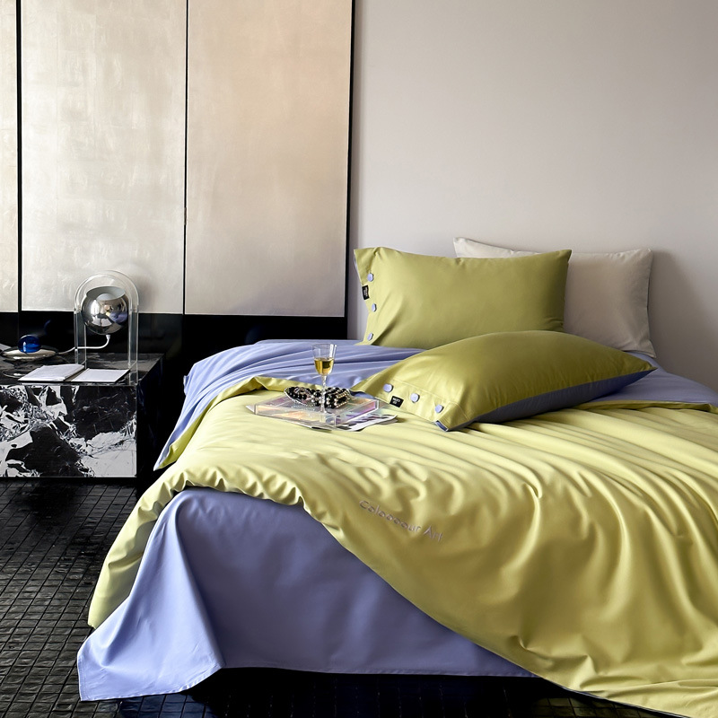 Simple, light luxury and fashionable solid-color long-staple cotton four-piece set, pure cotton letter-embroidered duvet cover, double bedding pic 86