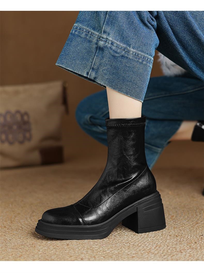 头层牛皮真皮弹力新款瘦瘦靴大码粗跟高跟短靴女秋冬厚底马丁靴详情16