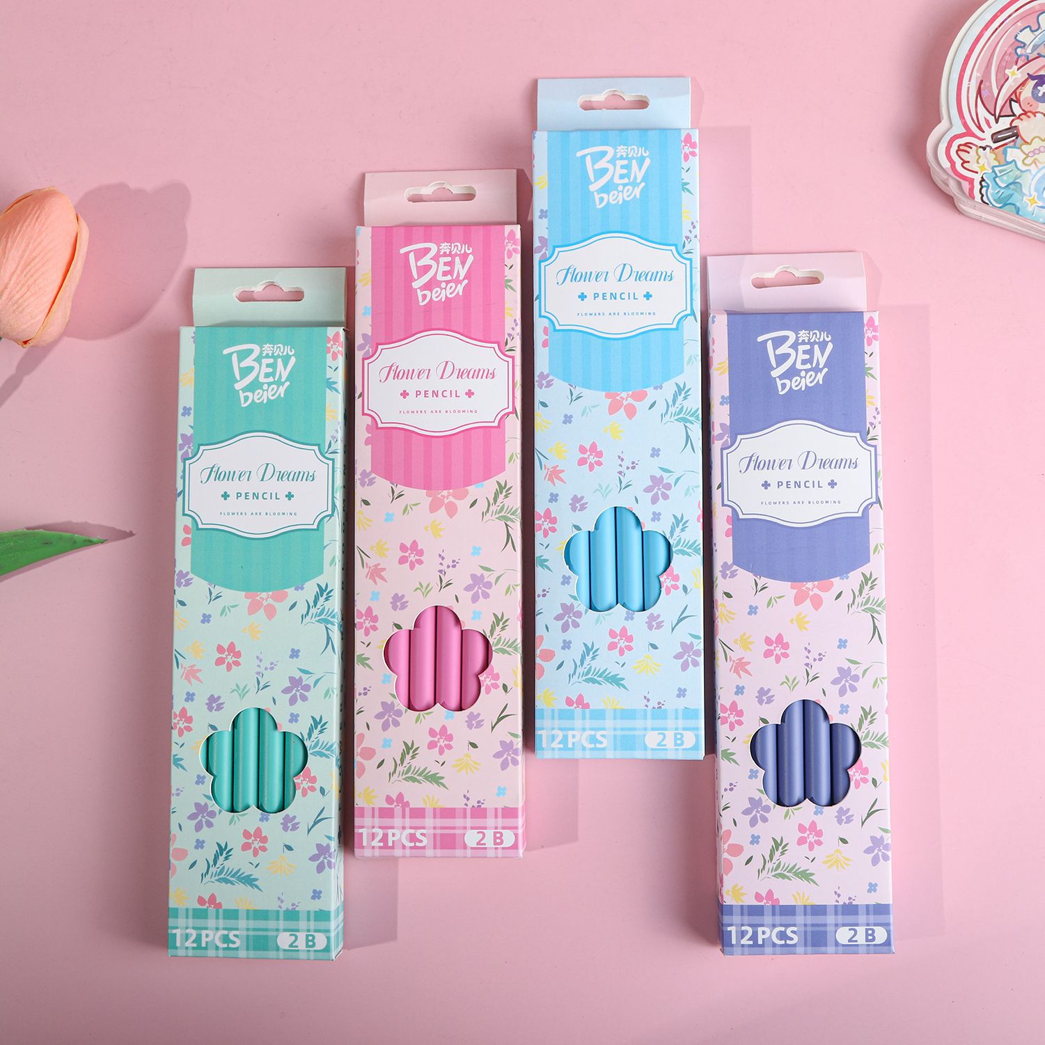 Cartoon and fresh floral print pencils, a special writing stationery for students. 12 cute 2b pencils in a box pic 3