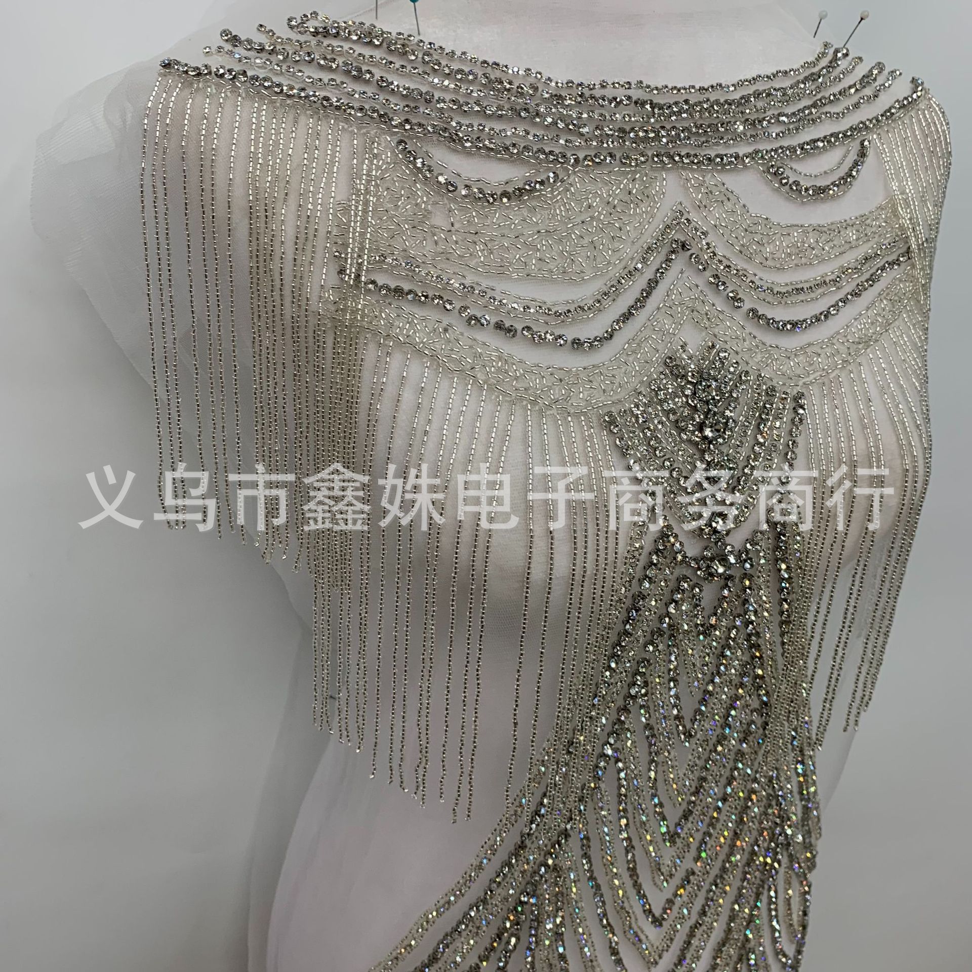 Double-layer tassels, hand-stitched, heavy floral applique, crystal rhinestone patch, wedding dress, Latin dance fashion show pic 3