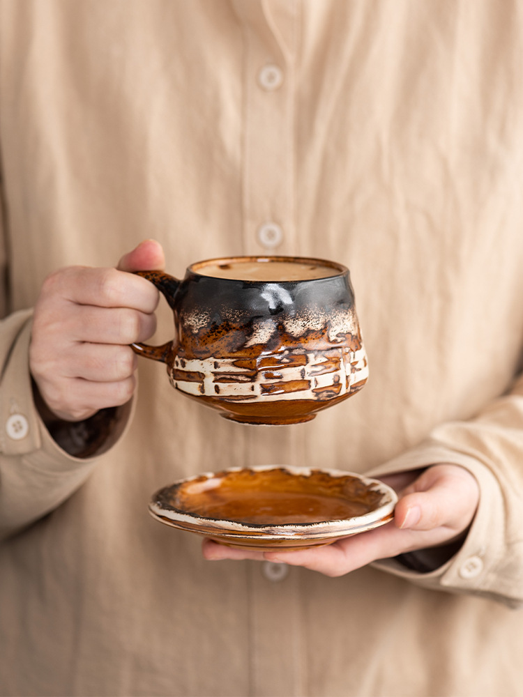 窑变咖啡杯碟套装复古陶瓷杯下午茶卡布奇诺拿铁咖啡杯家用马克杯详情20