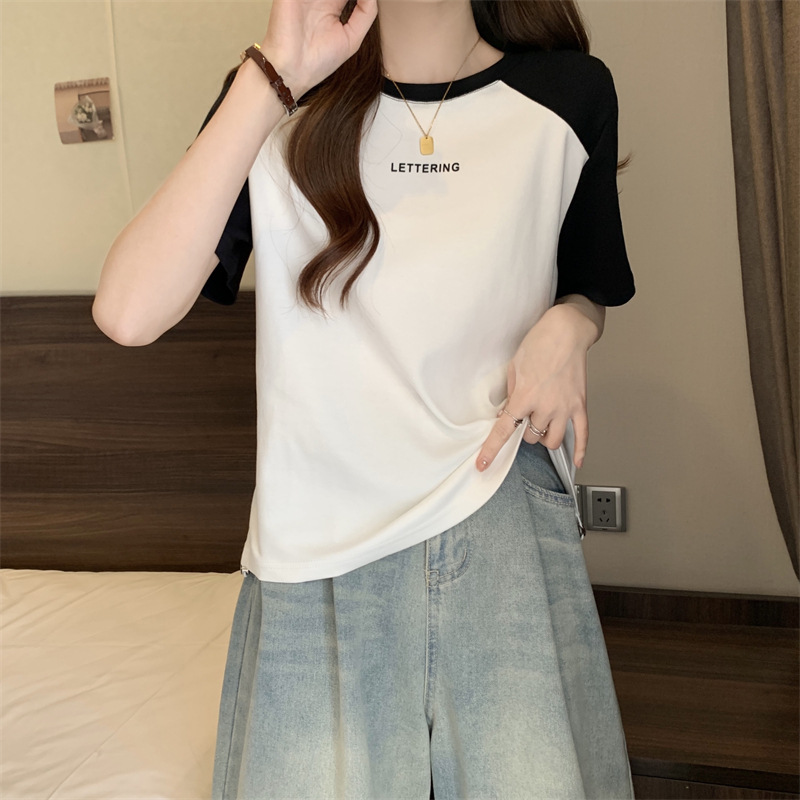 短袖T恤女夏季印花字母打底衫大码显瘦休闲正肩撞色抽绳上衣外穿详情4