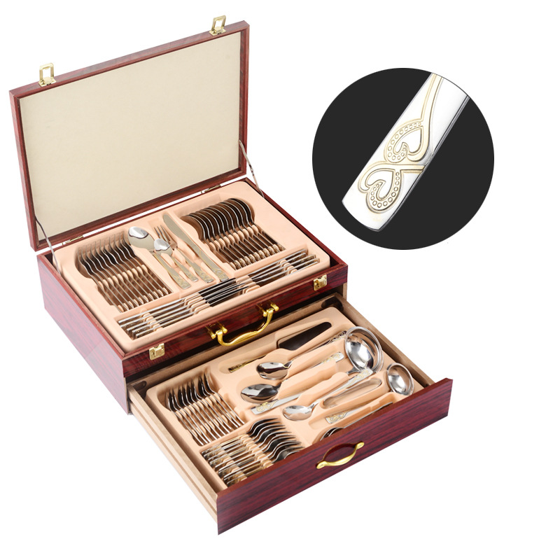 72-piece Western tableware set, 84-piece set, gold-plated Gong Yan stainless steel knife, fork and spoon gift box, wooden box pic 8
