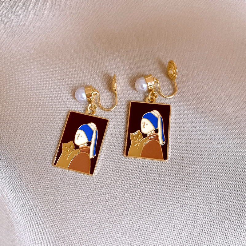 银针莫奈花园滴油女孩小猫珍珠款耳钉复古高级感耳环油画风耳饰女详情11