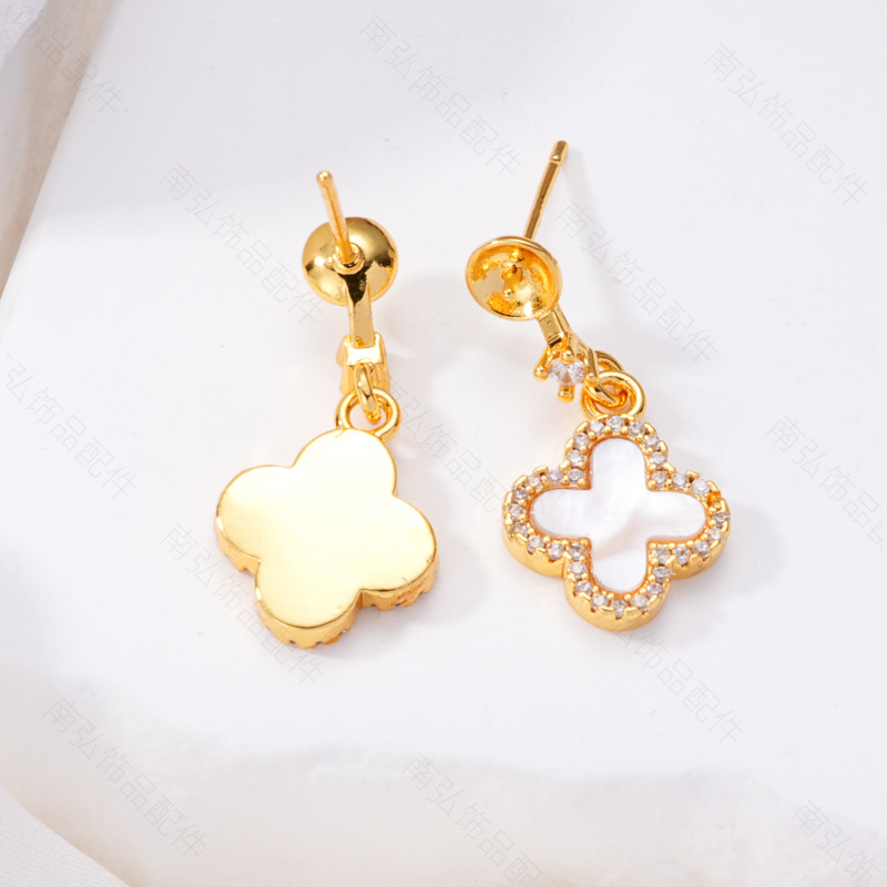 Pearl ring, earneedle pendant, micro-set, three-piece set, empty setting, four-petal flower oil drip, crushed shell, retro DIY jewelry earrings pic 7