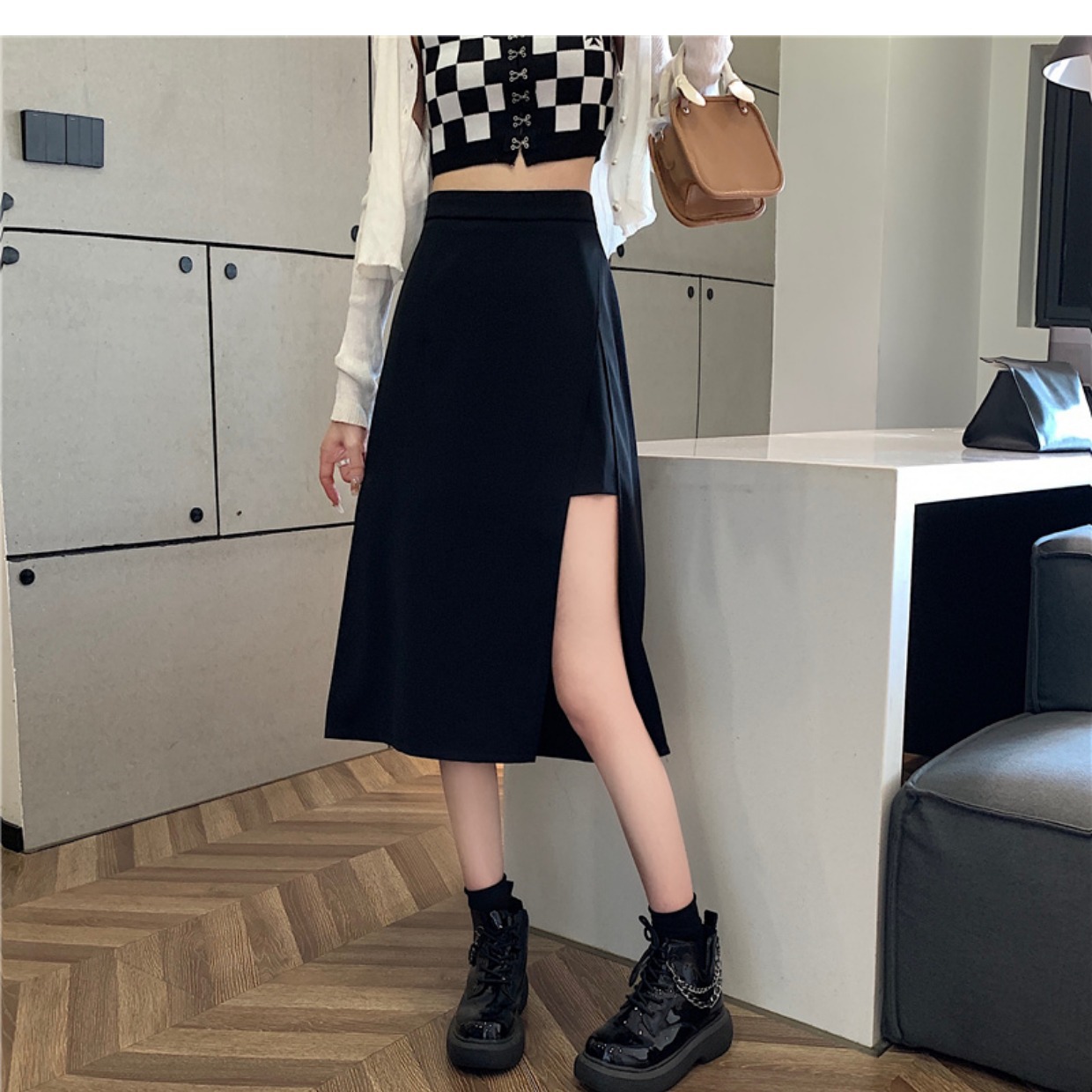 秋冬半身裙中长款2024新款女黑色开叉不规则气质时尚高腰包臀裙子详情4