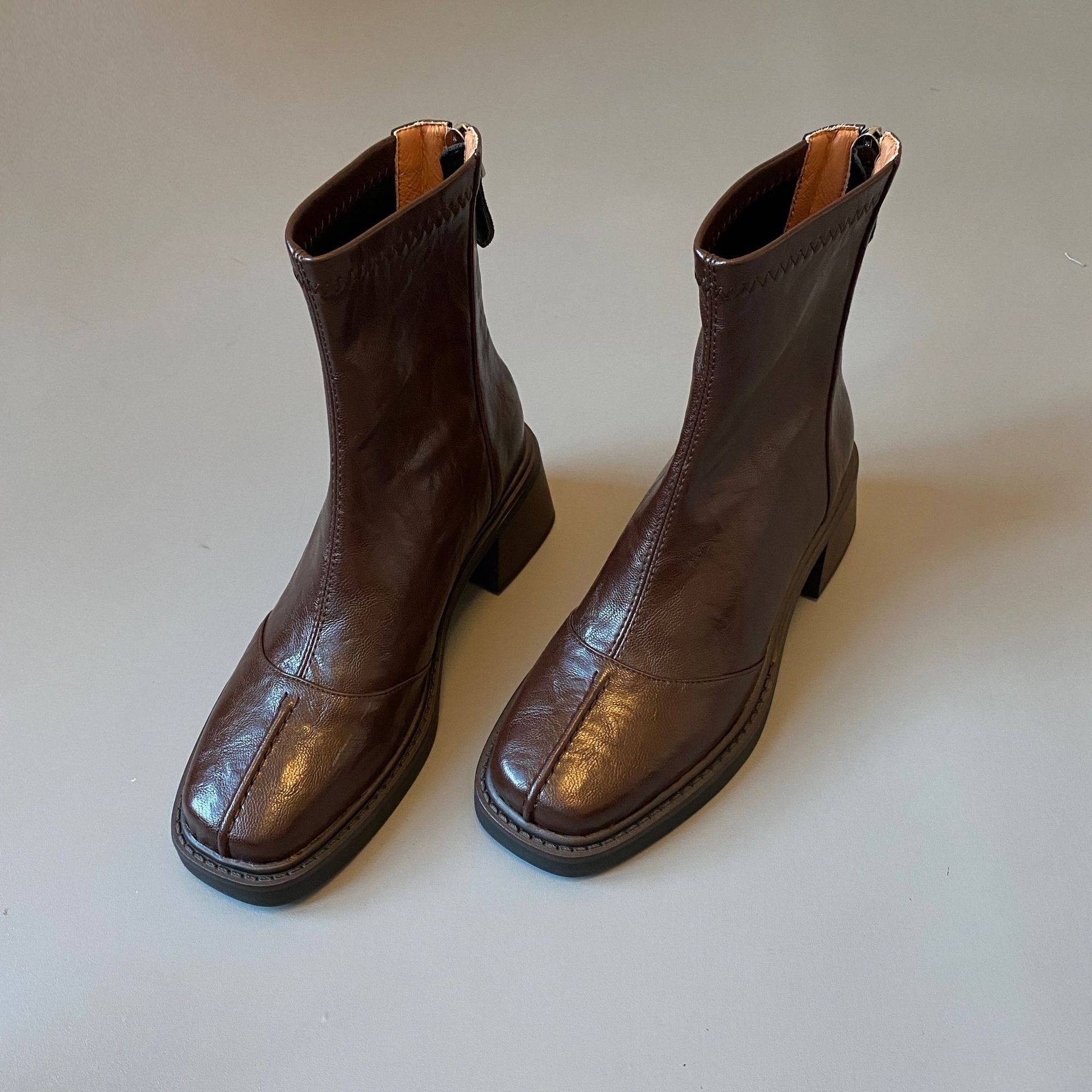 【现货】高跟方头短靴马丁靴春秋季单靴后拉链短靴女士粗跟靴子详情15