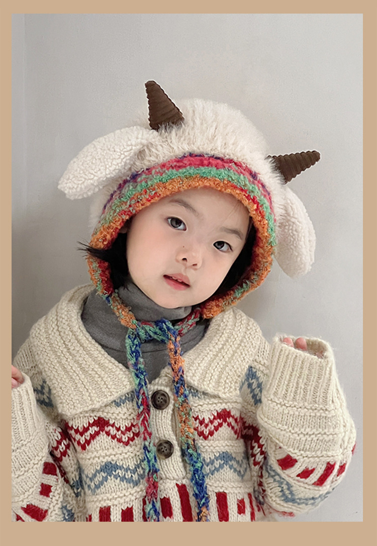 冬季保暖儿童帽子加厚针织毛绒帽男女宝宝可爱牛角护耳套头毛线帽详情3