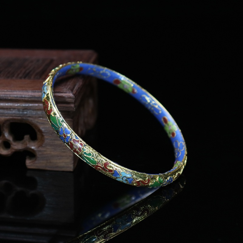 Beijing Cloisonne vintage collectibles, classical ethnic style copper body cloisonne enamel jewelry No. 7 flat gold base bracelet pic 5