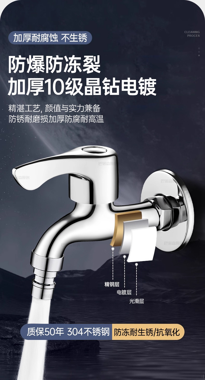304不锈钢水龙头洗衣机阳台拖把池4分水嘴入墙式单冷快开家用龙头详情13