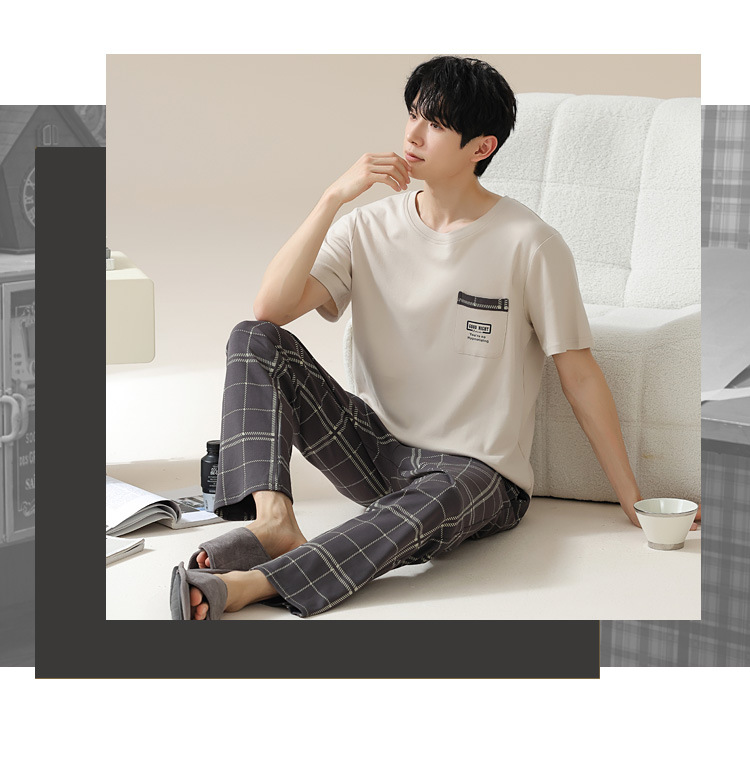 Summer pure cotton pajamas for men, cartoon casual short-sleeved shirts and long pants, pure cotton comfortable home wear, summer youth student set pic 14
