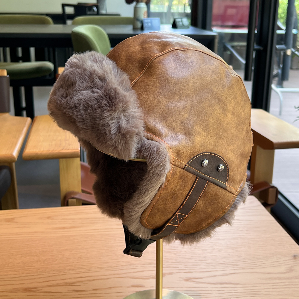 New leather windproof star Lei Feng hats for men and women, warm outdoor retro thickened Northeast flight hats pic 7
