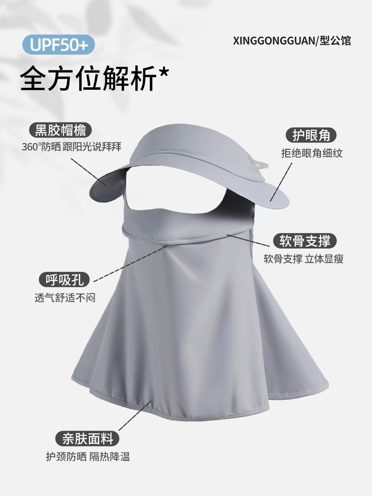 爆款黑胶帽檐面罩一体全脸遮阳透气防晒护眼角护颈显脸小防晒口罩详情1