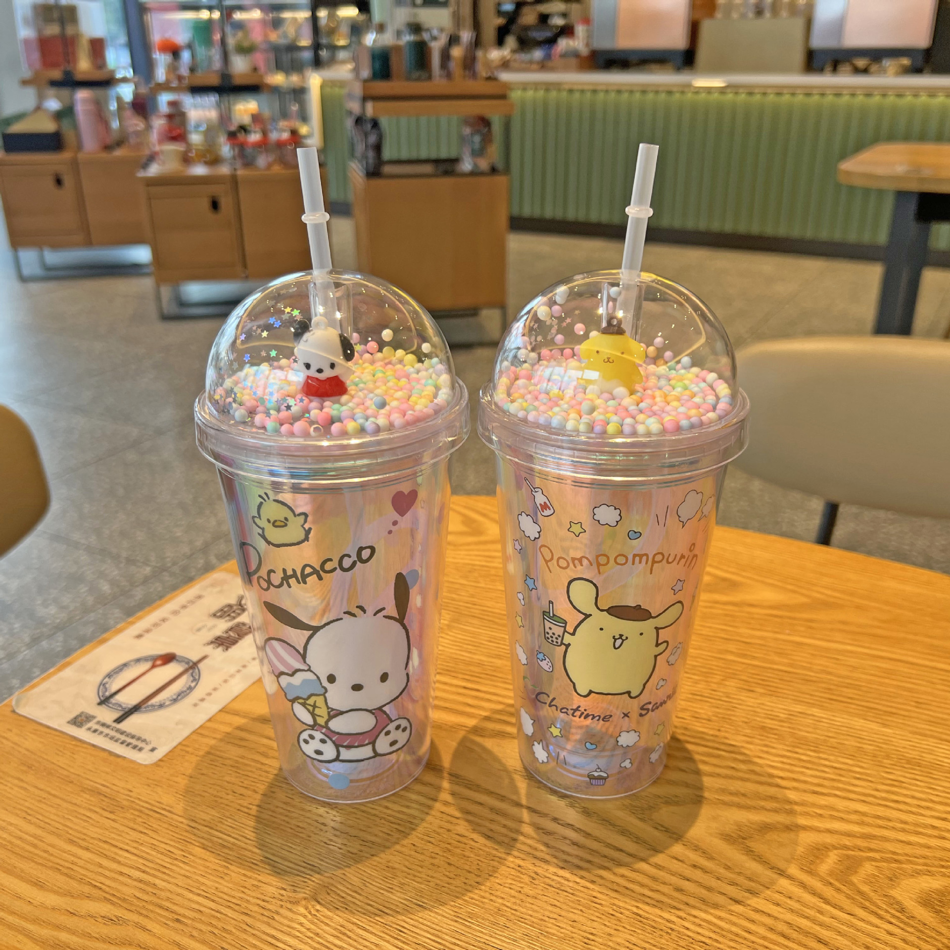 外贸新款三丽鸥镭射塑料吸管杯批发双层碎冰杯卡通塑料杯观景杯子详情7