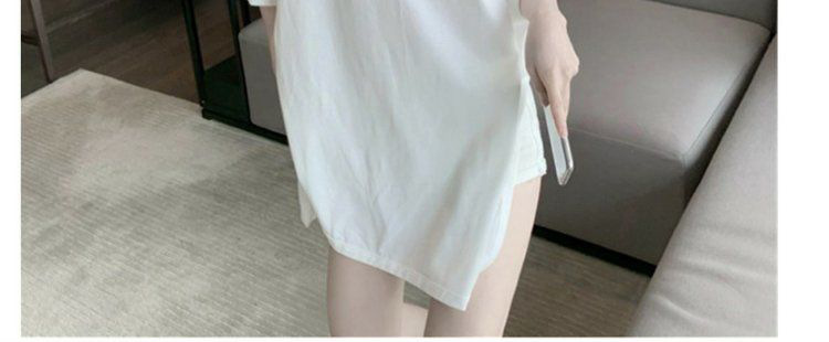 棉质不规则开叉U领短袖T恤女夏季宽松韩版中长款大领口新款上衣潮详情13