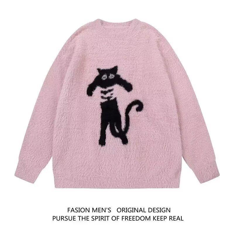 国潮美式圆领毛衣男奶茶款2024秋冬季慵懒风宽松针织衫上衣女保暖详情3