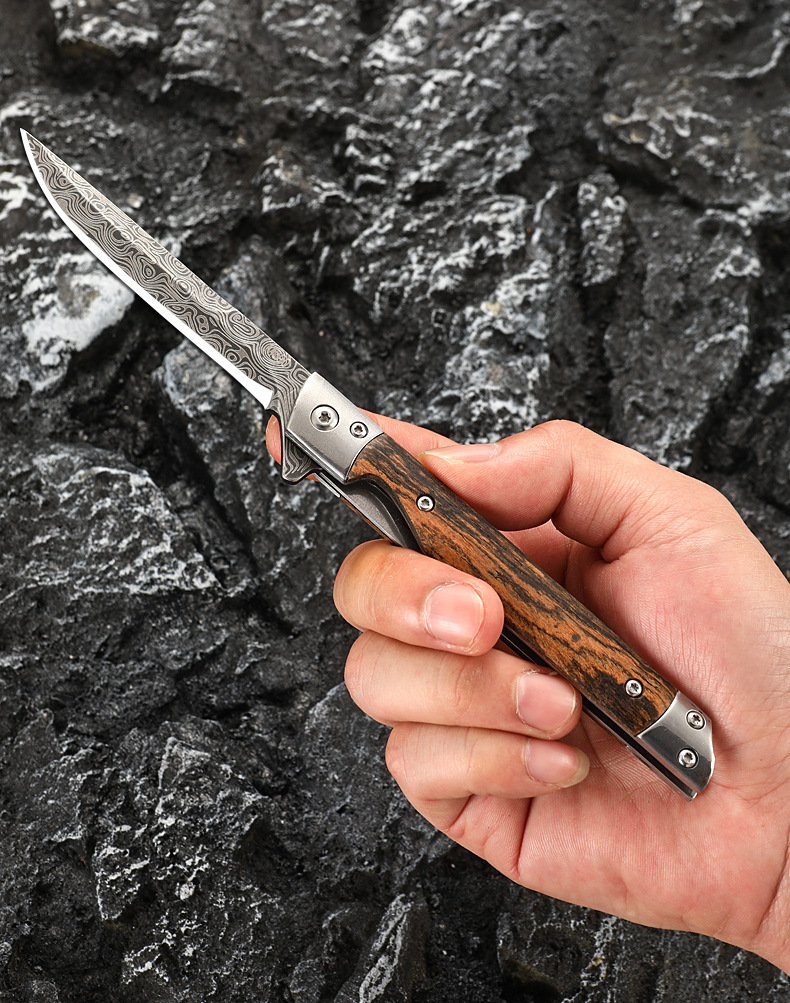 A must-have Damask pattern folding knife for outdoor camping. Made of high-hardness stainless steel, it features a quick-opening design, is compact and portable, and is a versatile and practical folding knife pic 21