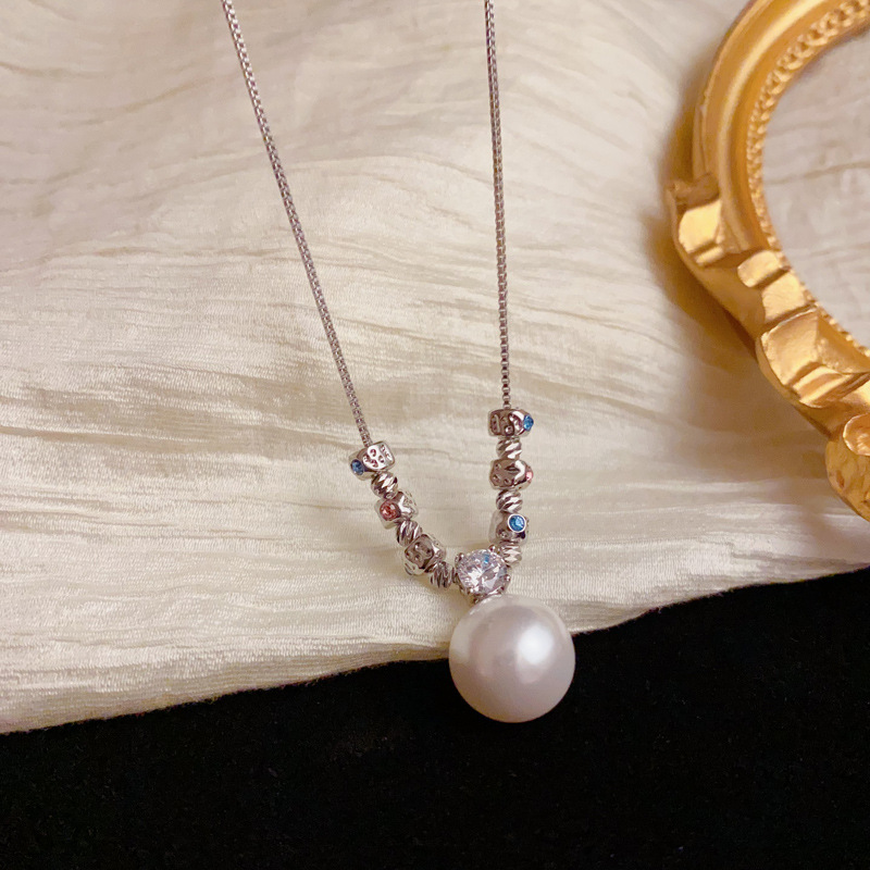 法式轻奢时尚高级感金属镶钻方块珍珠吊坠项链气质简约百搭锁骨链详情12