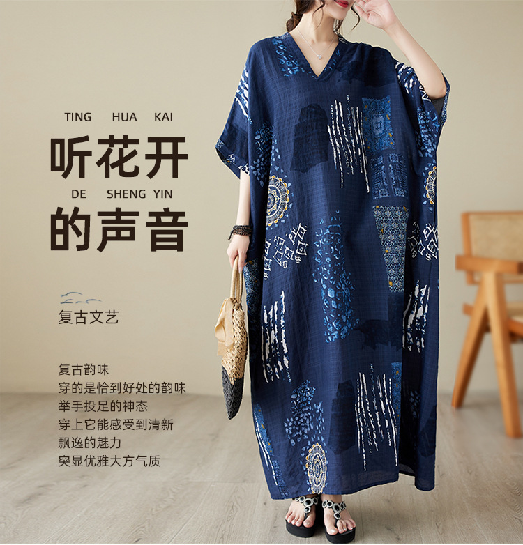 夏季v领薄棉麻大码宽松文艺度假风沙滩裙复古遮肉长款袍子连衣裙详情1
