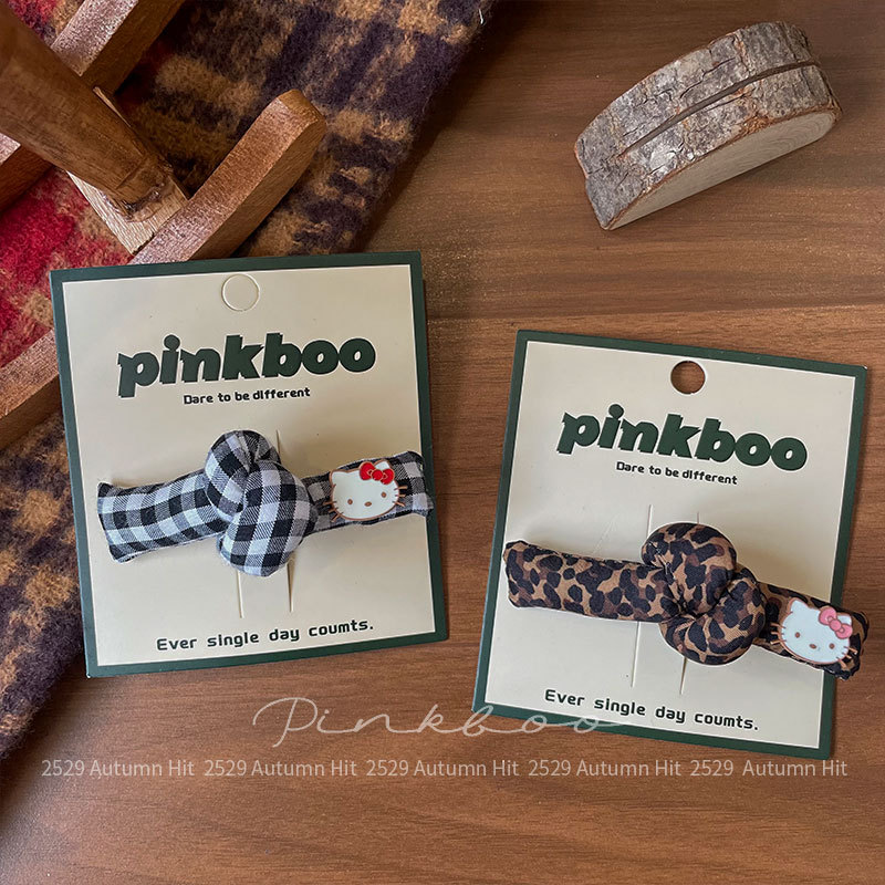 New Korean-style checkered bow kt hair clip for girls, leopard print side fringe clip, cute hair accessory for girls, kt decorative knot-shaped hair clip, checkered/leopard print style, fashionable, cute and personalized headwear for girls pic 3