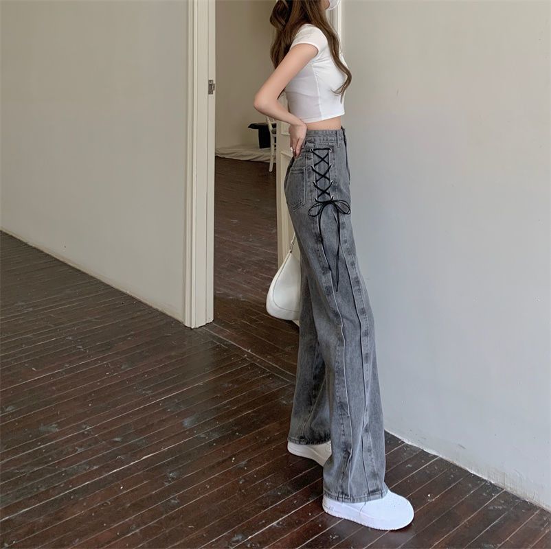 烟灰色直筒牛仔裤女2024春秋新款窄版阔腿裤高腰显瘦百搭烟管裤XH详情7