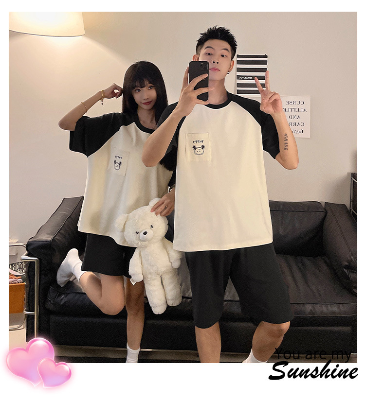 Spring and summer couple short-sleeved pajamas, women with chest pads, cartoon student home wear sets, shorts, stripes, 2025 pic 16