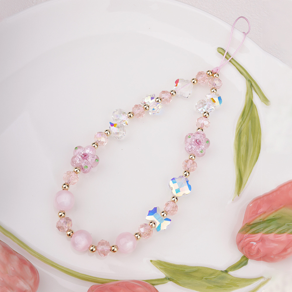 New cherry blossom woven beaded mobile phone chain pendant, mountain cherry blossom Moon crystal Flower Girl heart bag pendant, CCD wrist chain pic 3
