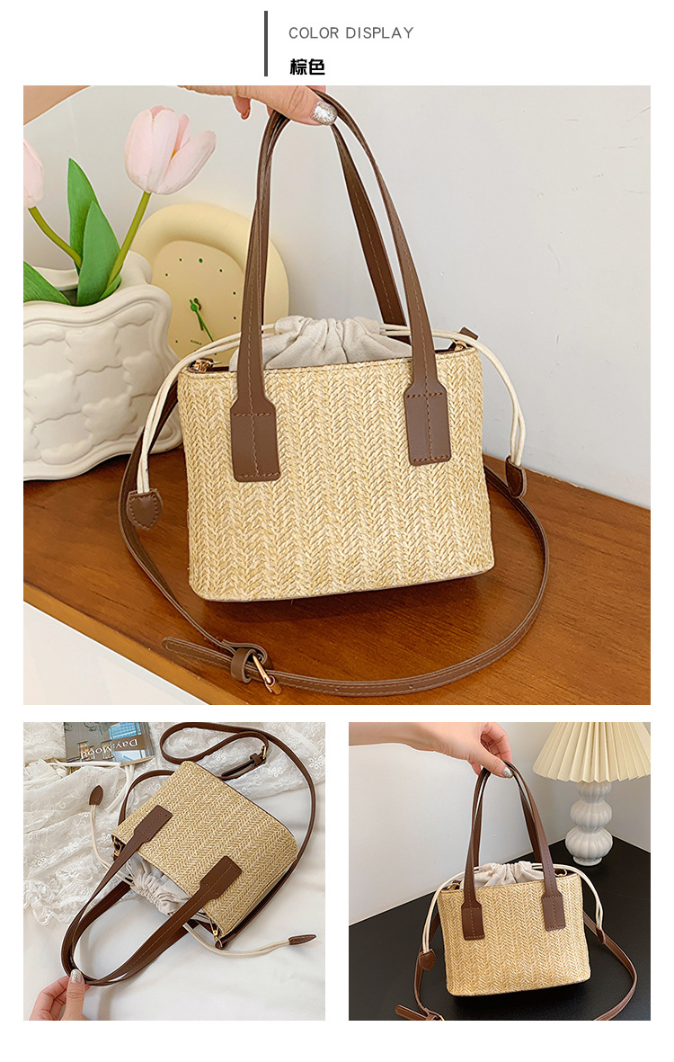 韩国ins草编织手提包夏季新款休闲度假女菜篮子单肩包撞色斜挎包详情16
