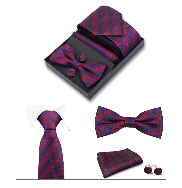 男士商务8cm领带领结口袋巾5件套礼盒装婚礼宴会条纹黑色手打领带详情50